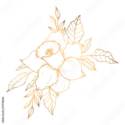 Golden bouquet with narcissus and blossom of golden leaves