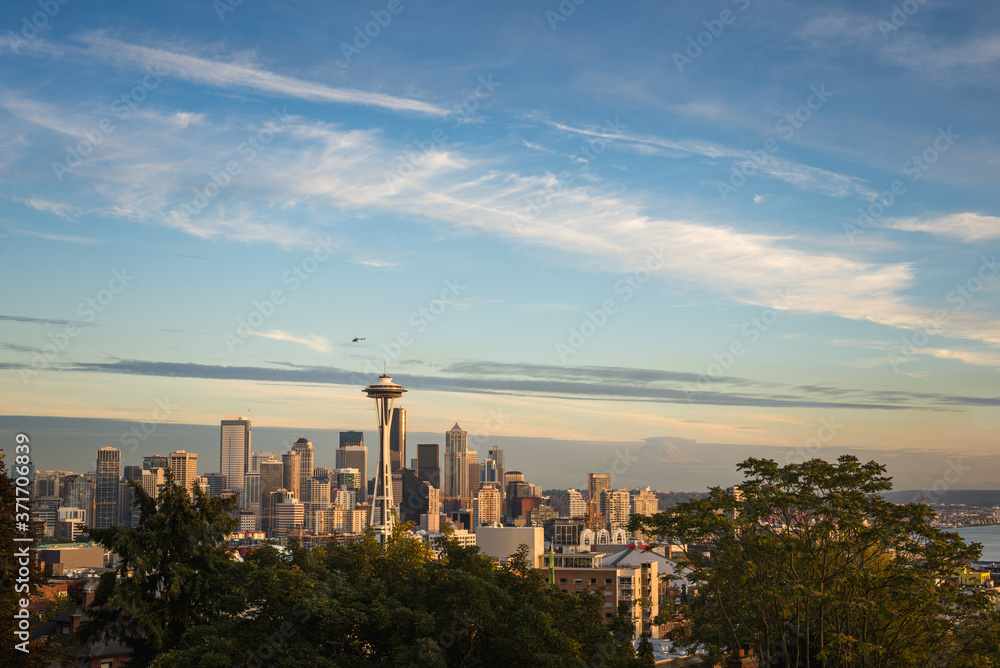 Seattle skyline and Space Needle seen at sunset