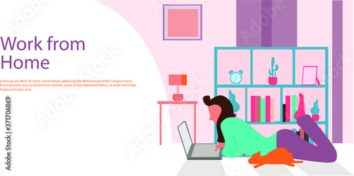 Landing page woman work from home with flat illustration style