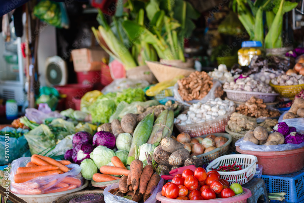 Fresh produce at street market stall in Hue