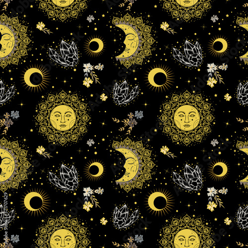 Bohemian seamless pattern with sun, moon, crystals and flowers. Vintage style. Gypsy and folk motifs.