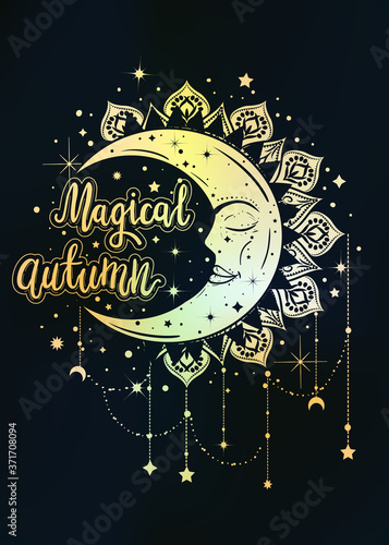 Magical autumn boho illustration. Hand painted lettering pharse with dreamcatcher.