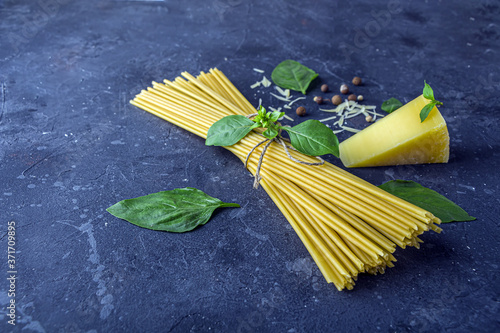 Konstfotografi Fresh ingredients for cocking pasta with Traditiona Italian sauce Pesto