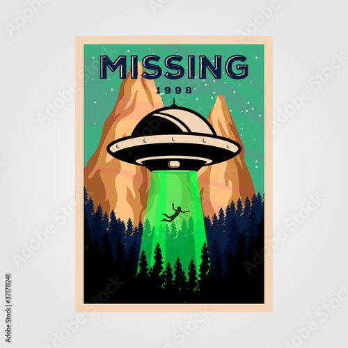 missing people with unidentified flying object vintage poster vector illustration design. science background design