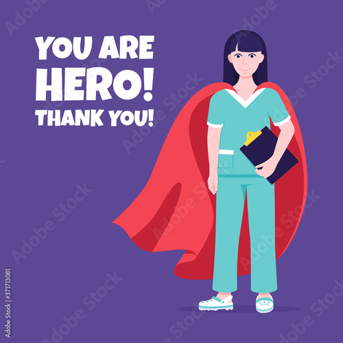 Young female nurse hospital medical employee with hero cape behind fights against diseases and viruses on frontline flat style vector illustration. Future doctor or surgeon medical clinic staff hero.