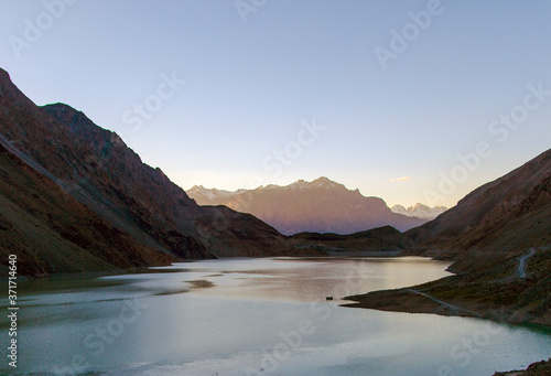 landscape of sadpara lake skardu, lake with mountains and blue sky  photo