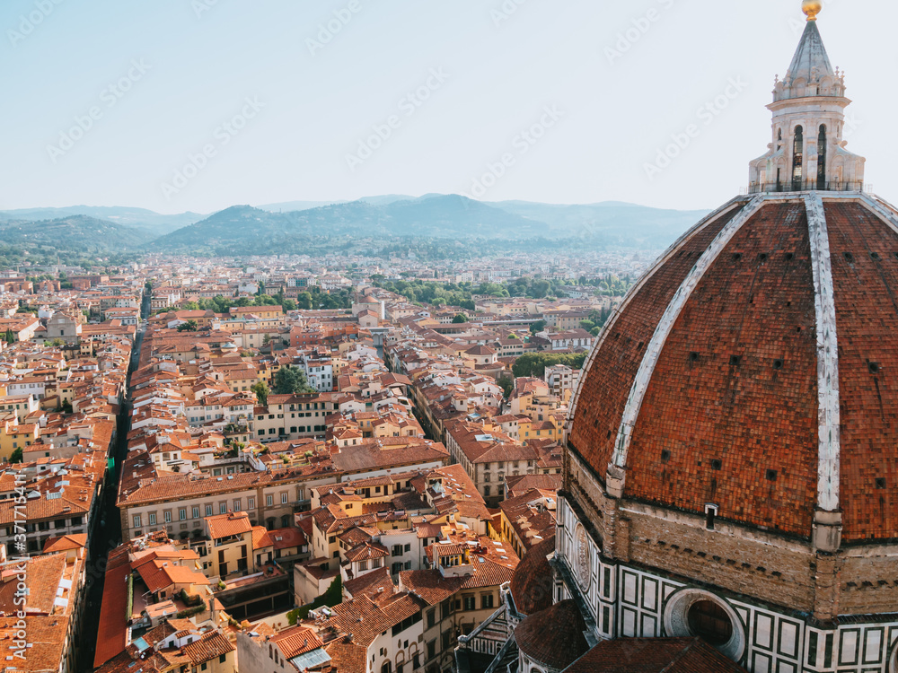 Sunrise Panoramic View of Dome (Duomo) of Florence Cathedral (Cattedrale di Santa Maria del Fiore) from Giotto's Campanile (bell tower)