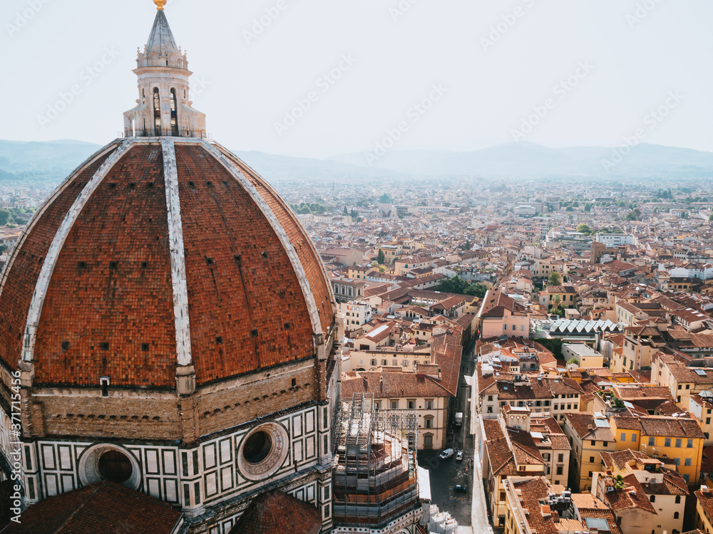 Sunrise Panoramic View of Dome (Duomo) of Florence Cathedral (Cattedrale di Santa Maria del Fiore) from Giotto's Campanile (bell tower)