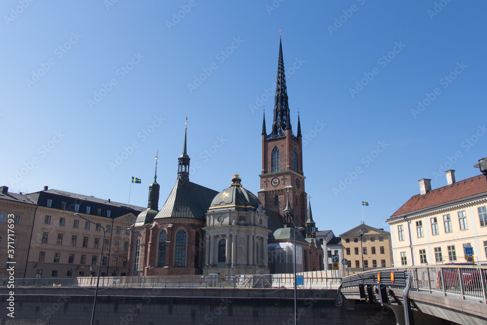 Stockholm, Sweden - April 21 2019: the view of Riddarholmen Church in a sunny day on April 21 2019 in Stockholm Sweden.
