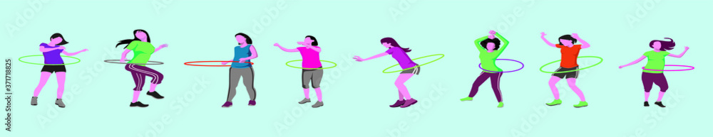 Illustration of a exercising woman with hula hoop. vector set on blue background Illustration of a exercising woman with hula hoop. vector set on blue background