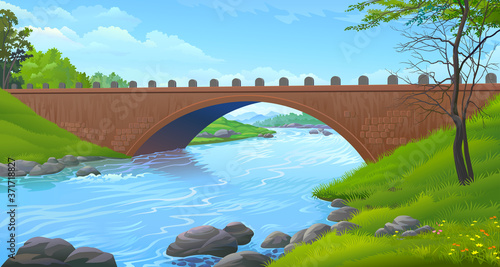 Fotografia A sturdy bridge made up of solid bricks connecting two landmasses over a freshwater river
