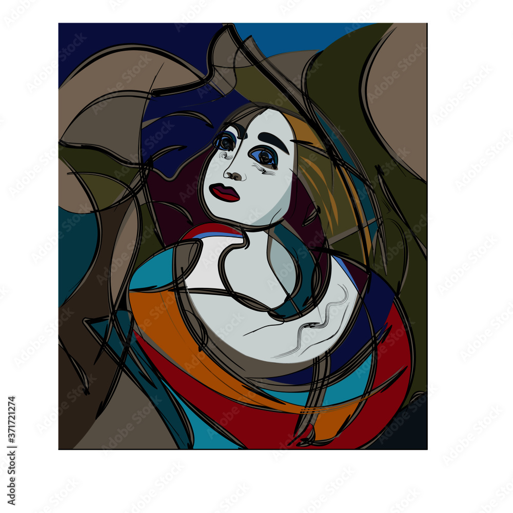 Colorful abstract background, cubism art style, dreaming girl