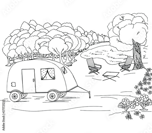 Anti-stress coloring is a black and white vector drawing drawn by hand. Camping illustration, for drawing a family car, chaise longue, lake, forest, berries and clouds. Suitable for posters, postcards