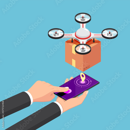 isometric businessman use smartphone to call and control delivery drone with package