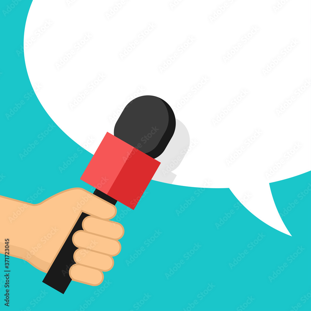 Media interview or TV report - microphone in hand and dialog box on bright background - vector template for breaking news headline, banner or poster - obrazy, fototapety, plakaty 