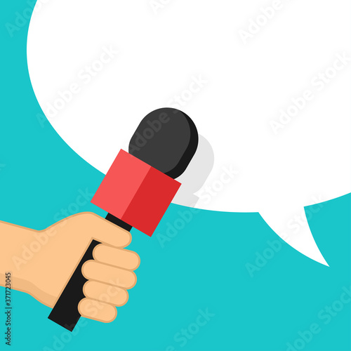 Media interview or TV report - microphone in hand and dialog box on bright background - vector template for breaking news headline, banner or poster photo