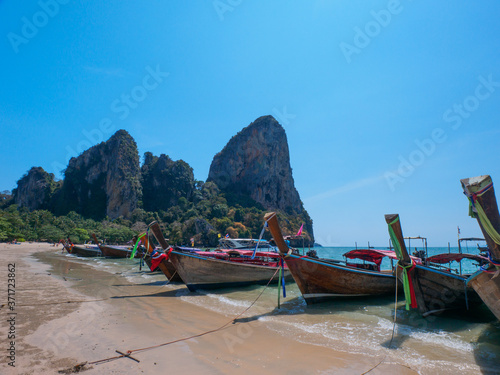 Longtail boats at West Railay Beach, Krabi, Thailand © Mayumi.K.Photography