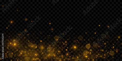 Sparkling golden particles, glowing bokeh lights isolated on dark transparent background	