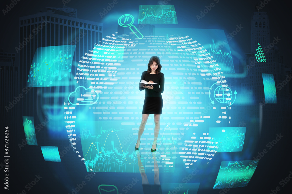 Woman with notebook, cloud computing Woman with notebook, cloud computing