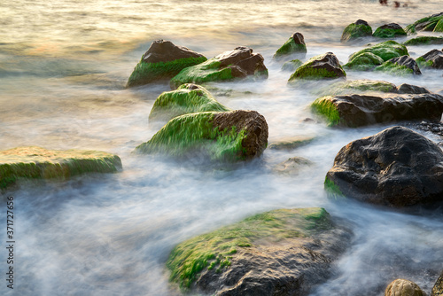 Long exposure of the coastal landscape of Imereti Adler beach with warm evening light, when the waves wash over rocks covered with seaweed