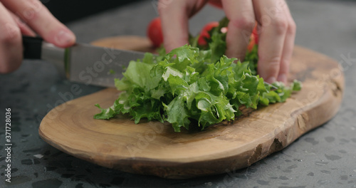 Fototapeta Naklejka Na Ścianę i Meble -  man chopping frisee salad leaves on olive board
