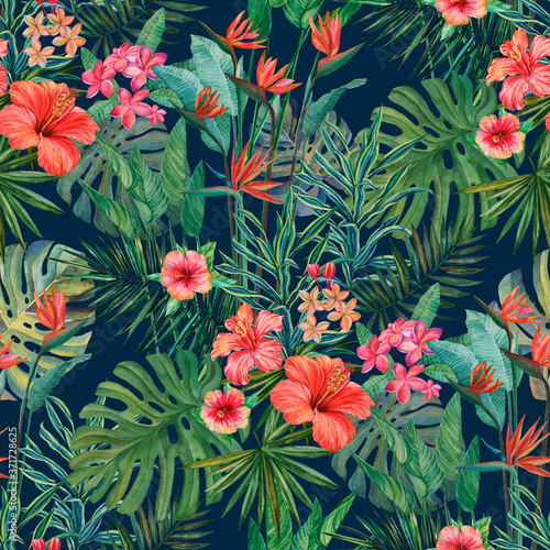 Tropical bright watercolor plant pattern on a dark background in natural colors. Seamless pattern. For decor  design  background  fashion  textiles  illustration  Wallpaper  swimsuit  interior.