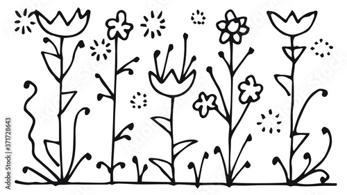 Flowers. Outline hand drawing. Isolated vector object on white background. Unusual fabulous plants. A naive, simple fantasy style. Ink.