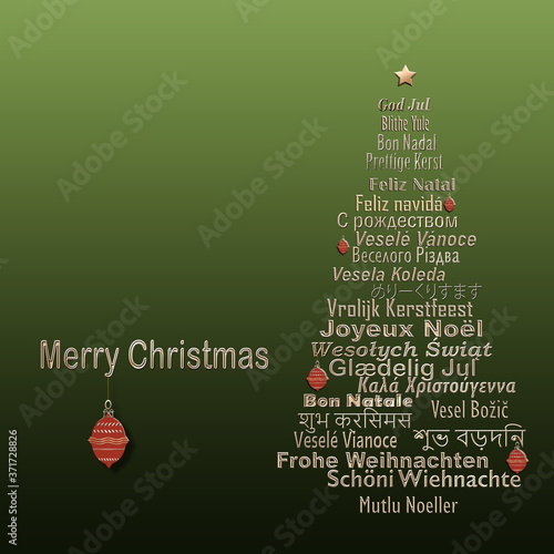 Words Merry Christmas in Different European, Eastern European, Hindi, Bengali, Indian, Japanese Languages forming Christmas Tree with red balls on green background. 3D illustration
