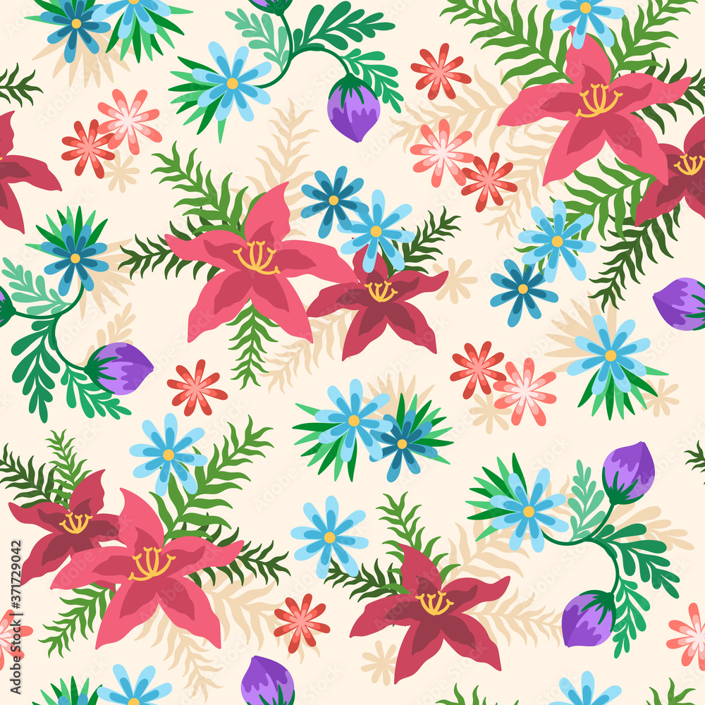 Hand drawn pattern of flowers. Vector.