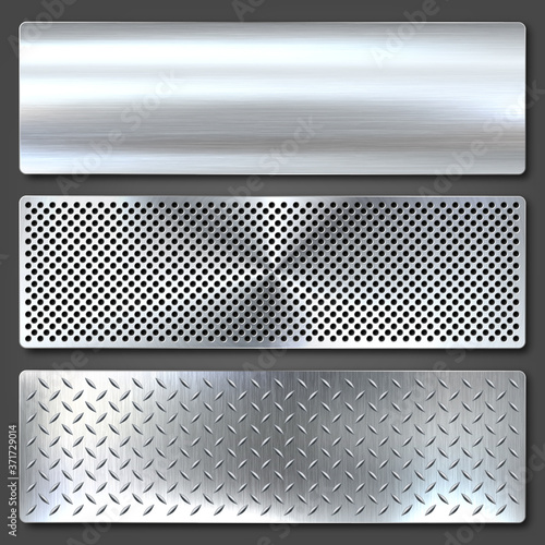 Realistic brushed metal textures set. Polished stainless steel background. Vector illustration.