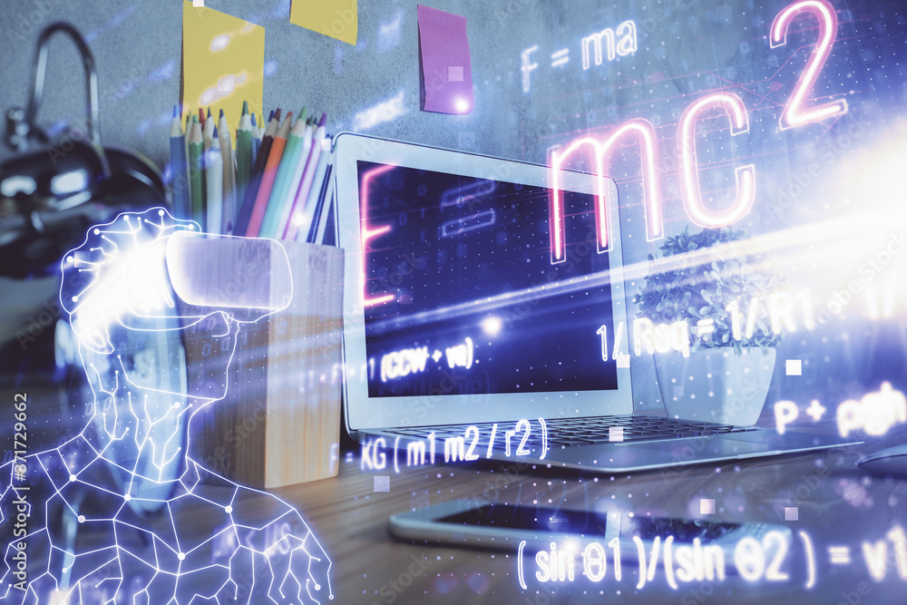Obraz premium Desktop computer background and formula hologram writing. Double exposure. Education concept.