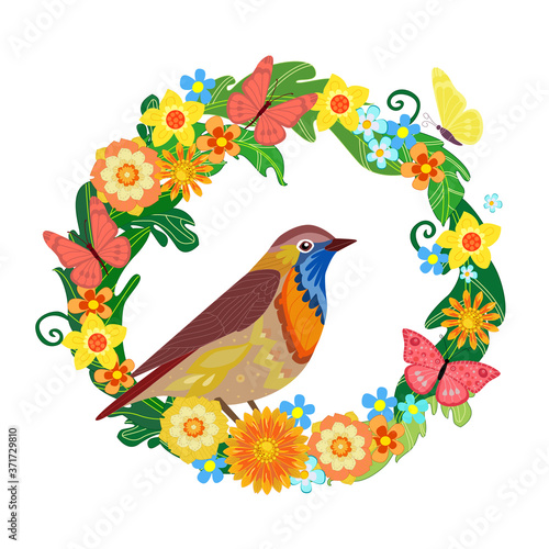 wreath of leaves with stylized summer flowers and pretty bird. v