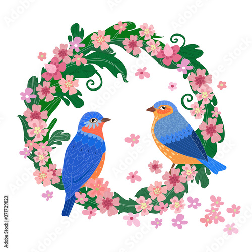 wreath of leaves with blossom sakura and cute couple of blue bir © Aloksa