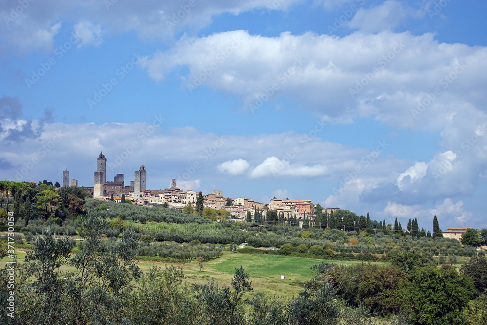 view of the old town San Gimignano and its towers at the province of Siena. Tuscany, Italy