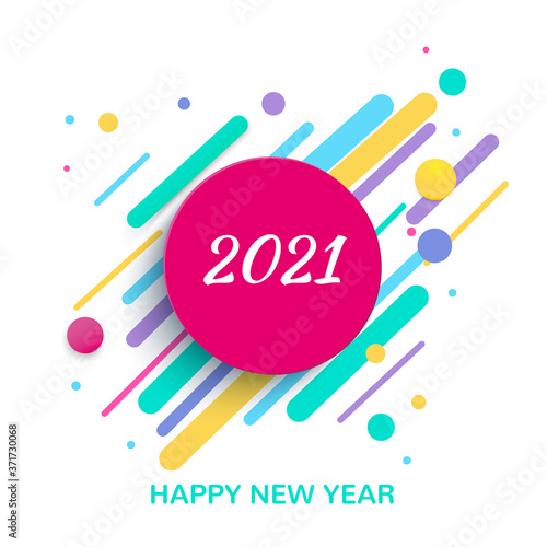 Happy New Year 2021. Colored geometric shapes on a white background. Vector illustration.