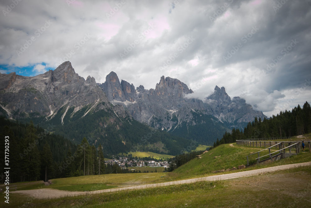 Panoramic view of San Martino di Castrozza during cloudy day of summer in Trentino, Italy