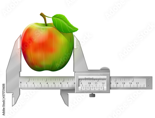 Horizontal caliper measures apple fruit. Concept of apple with leaf and measuring tool. Vector illustration about agriculture, fruits, cooking, farming, gastronomy, gardening, etc
