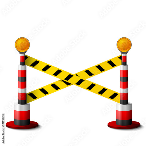 Blocking bollards with road warning lights. Barrier tape is stretched crosswise between safety posts. Vector illustration for security, protection, enclosure, etc