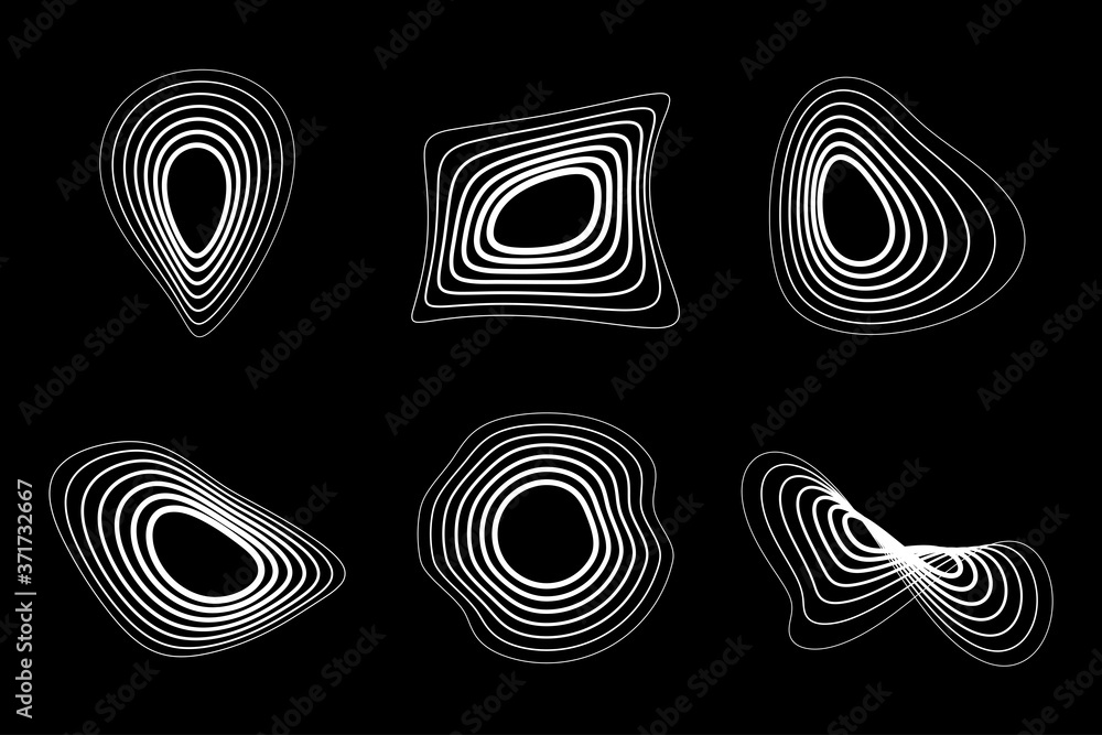 White 3d circular striped emblem set. Three dimensional stripy distort shapes isolated on the black background. Logo design element using line stripes texture. Location icon. Map pointer. Vector