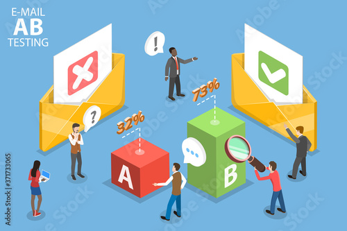 3D Isometric Flat Vector Conceptual Illustration of E-mail AB testing.