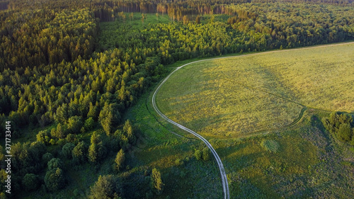 Aerial view of rural road between green field and forest