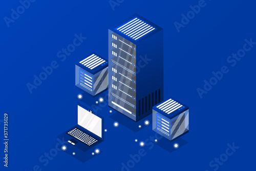 Mainframe  powered server  high technology concept  data center  cloud data storage isometric vector illustration ultraviolet background