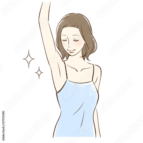 脇の下を見て笑顔の女性