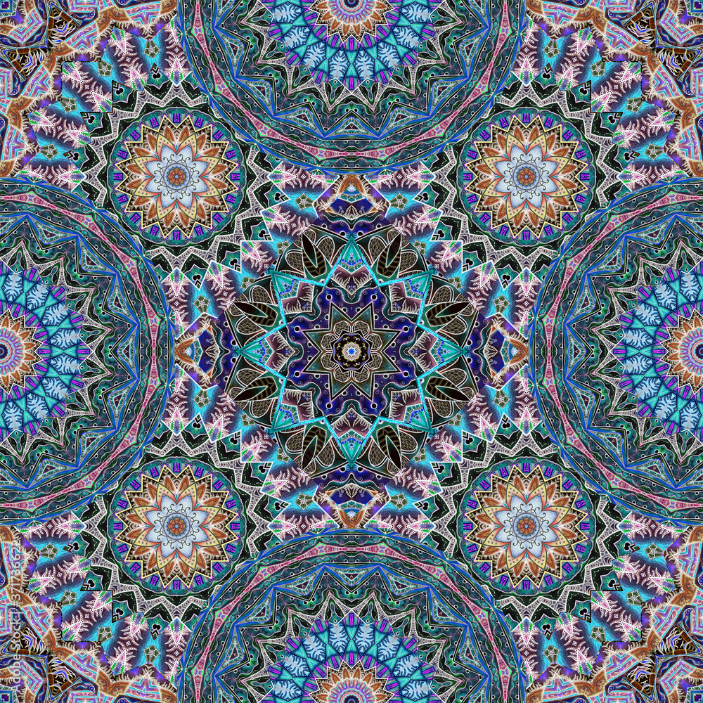 Seamless pattern with mandalas and flowers in ethnic style. Moroccan, arabic, indian motifs. Carpet, shawl, shawl, tapestry, fabric pattern, beautiful wallpaper.