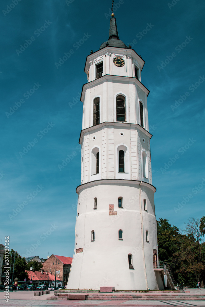 Vilnius/Lithuania: 08/08/2019: the tower of The Cathedral of Vilnius is the main Roman Catholic Cathedral of Lithuania. It is the heart of Catholic spiritual life in Lithuania. Vilnius/Lithuania: 08/08/2019: the tower of The Cathedral of Vilnius is the main Roman Catholic Cathedral of Lithuania. It is the heart of Catholic spiritual life in Lithuania.