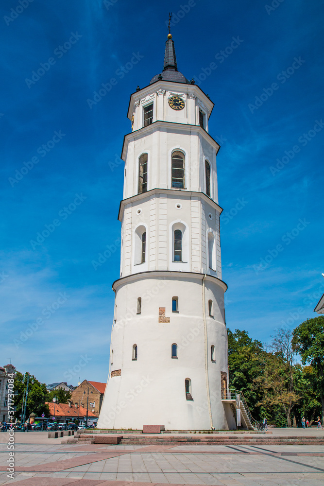 Vilnius/Lithuania: 08/08/2019: the tower of The Cathedral of Vilnius is the main Roman Catholic Cathedral of Lithuania. It is the heart of Catholic spiritual life in Lithuania.