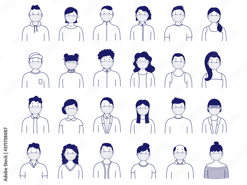 Collection of portraits of people in medical masks. Simple set of male and female avatars. Vector illustration