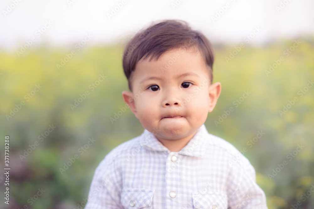 The little Asian boy, having a tongue looking at the camera in the grass field The little Asian boy, having a tongue looking at the camera in the grass field