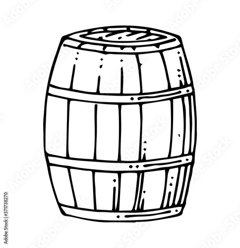 Wooden barrel. Beer, wine cask. Outline hand drawing. Isolated vector object on white background.