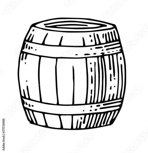 Wooden barrel. Beer, wine cask. Outline hand drawing. Isolated vector object on white background.